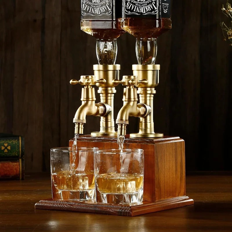 Dual Brass Whiskey Tap Dispenser with Solid Wood Base