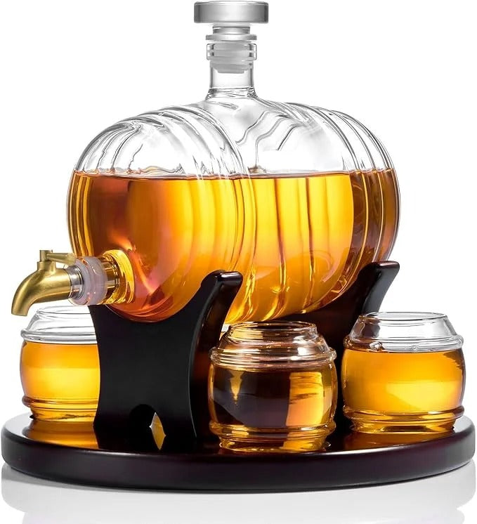 Barrel Whiskey Decanter Dispenser Set with Glasses