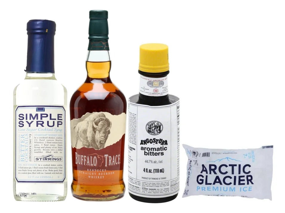 Buffalo Trace Bourbon 750ml + Stirrings Simple Syrup 12oz + Angostura Aromatic Bitter 4oz + Arctic Ice 5lb Old Fashion Bundle