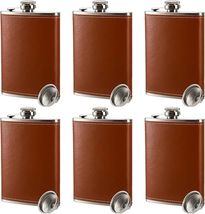 Personalized Leather-Wrapped Stainless Steel Flask Set of Six