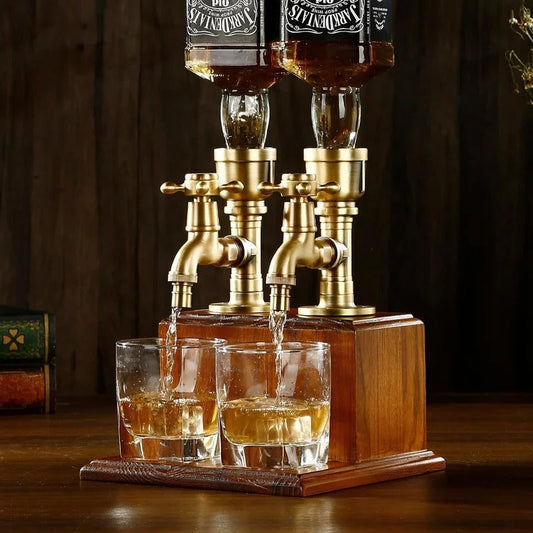 Dual Brass Whiskey Tap Dispenser with Solid Wood Base