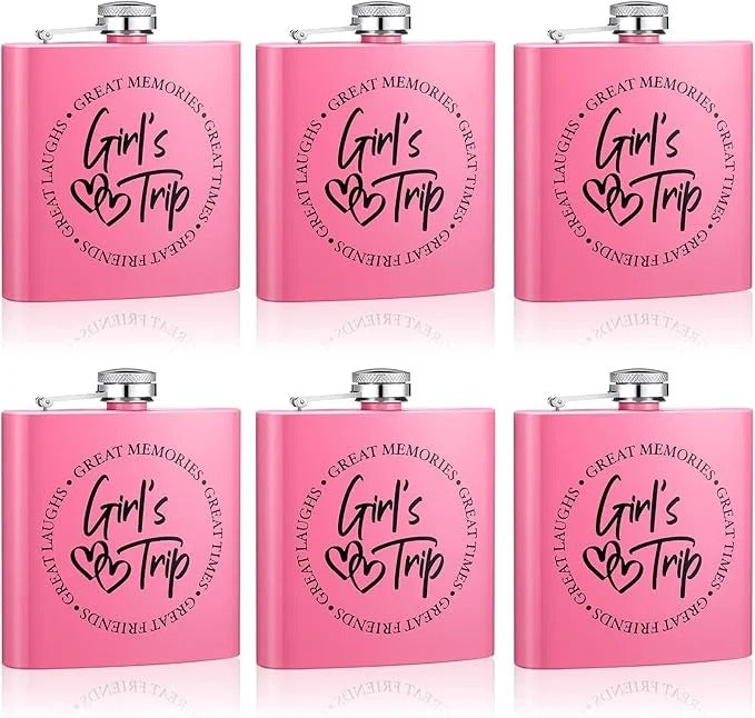 “Girl’s Trip!” Pink Stainless Steel Flask Set of Six