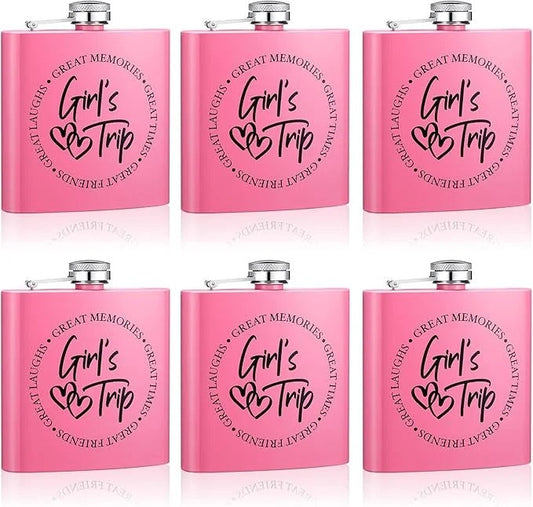 “Girl’s Trip!” Pink Stainless Steel Flask Set of Six