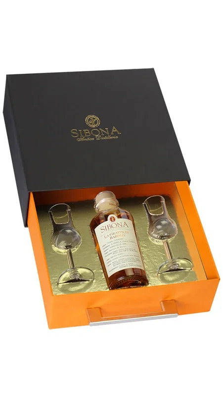 Confezione Regalo Cassetto – Grappa di Barolo con 2 Calici Degustazione – Sibona