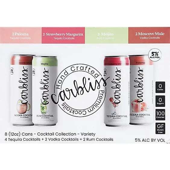Carbliss Moscow Mule, Mojito, Strawberry Margarita, and Paloma Vodka Cocktail Variety 12-Oz Can 8-Pack