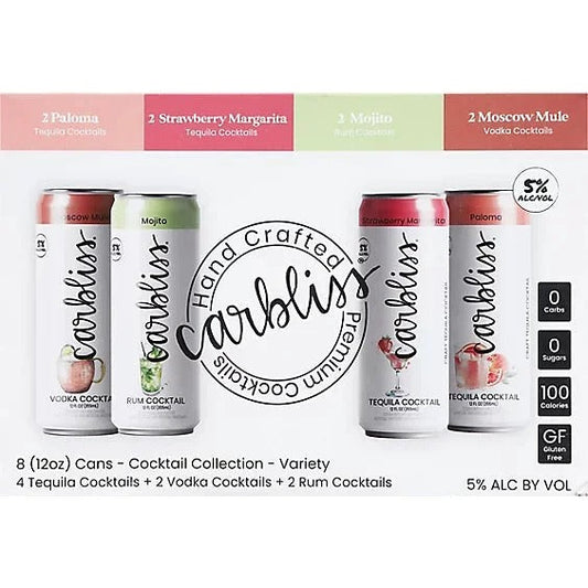 Carbliss Moscow Mule, Mojito, Strawberry Margarita, and Paloma Vodka Cocktail Variety 12-Oz Can 8-Pack