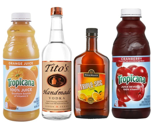 Tito’s Handmade Vodka 750ml,Hiram Walker Triple-see Liqueur 375ml,Tropicana Orange Juice 32oz,Tropicana Cranberry Juice 32oz,