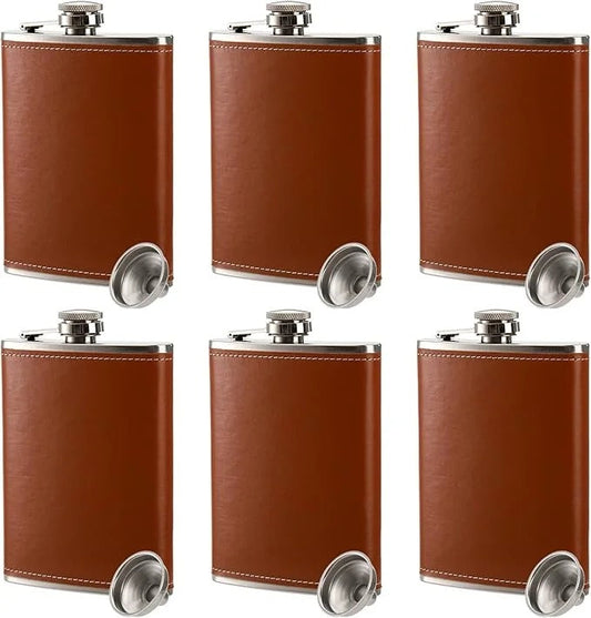Personalized Leather-Wrapped Stainless Steel Flask Set of Six